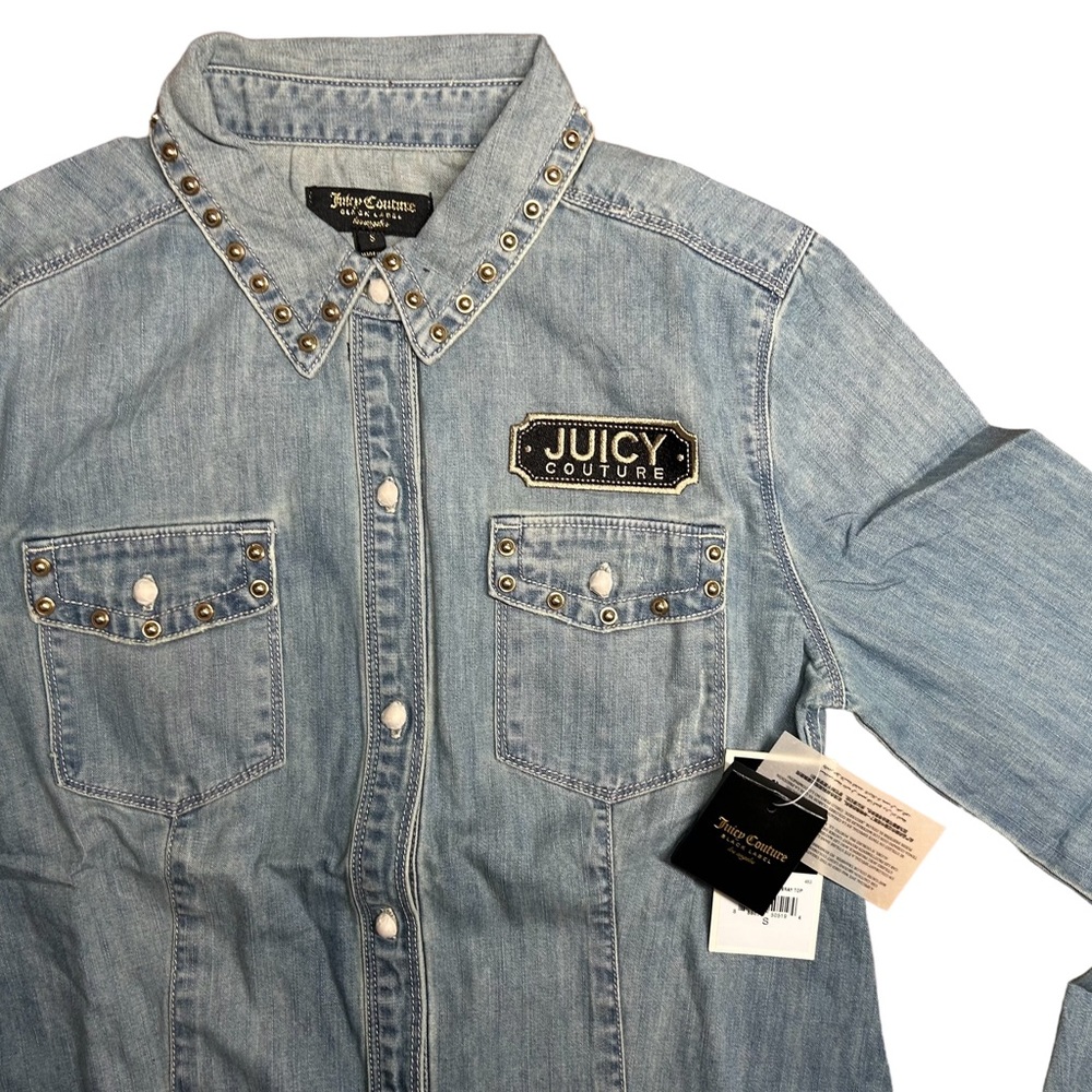Juicy Couture Studded Collar Denim Jean Shirt Pockets Flap Long Sleeve Small - Picture 3 of 10